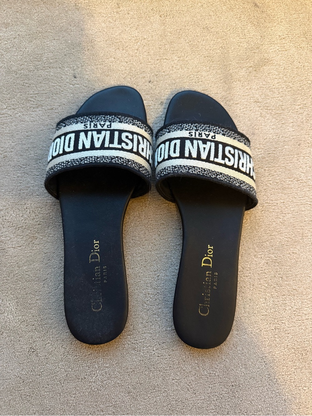 Dior Black and White Logo Slide Sandals – Christian Dior Strap